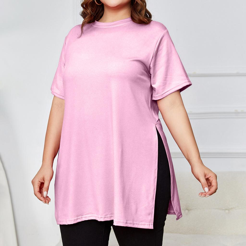 Women's Plus Size Slit Long T,shirt Round Neck Casual Loose Short Sleeved Top