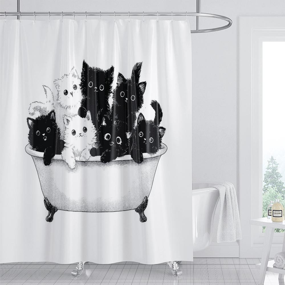 Black White Modern Cute Cartoon Cats Shower Curtain, Bathroom Decorative Shower Curtain, Home Printed Shower Curtain With Hooks