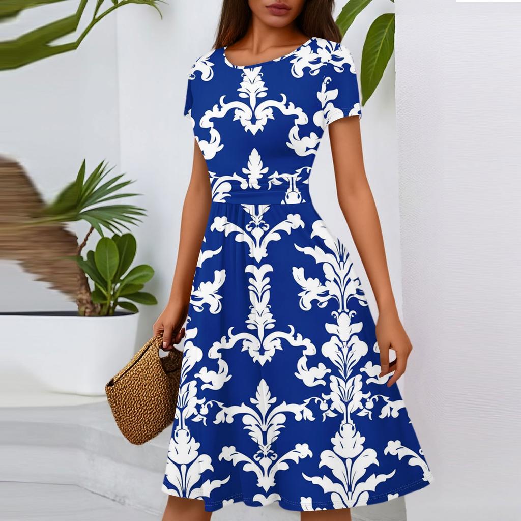 Women's Casual Fashion Round Neck Pleated Short Sleeve Floral Print A-Line Midi Dress
