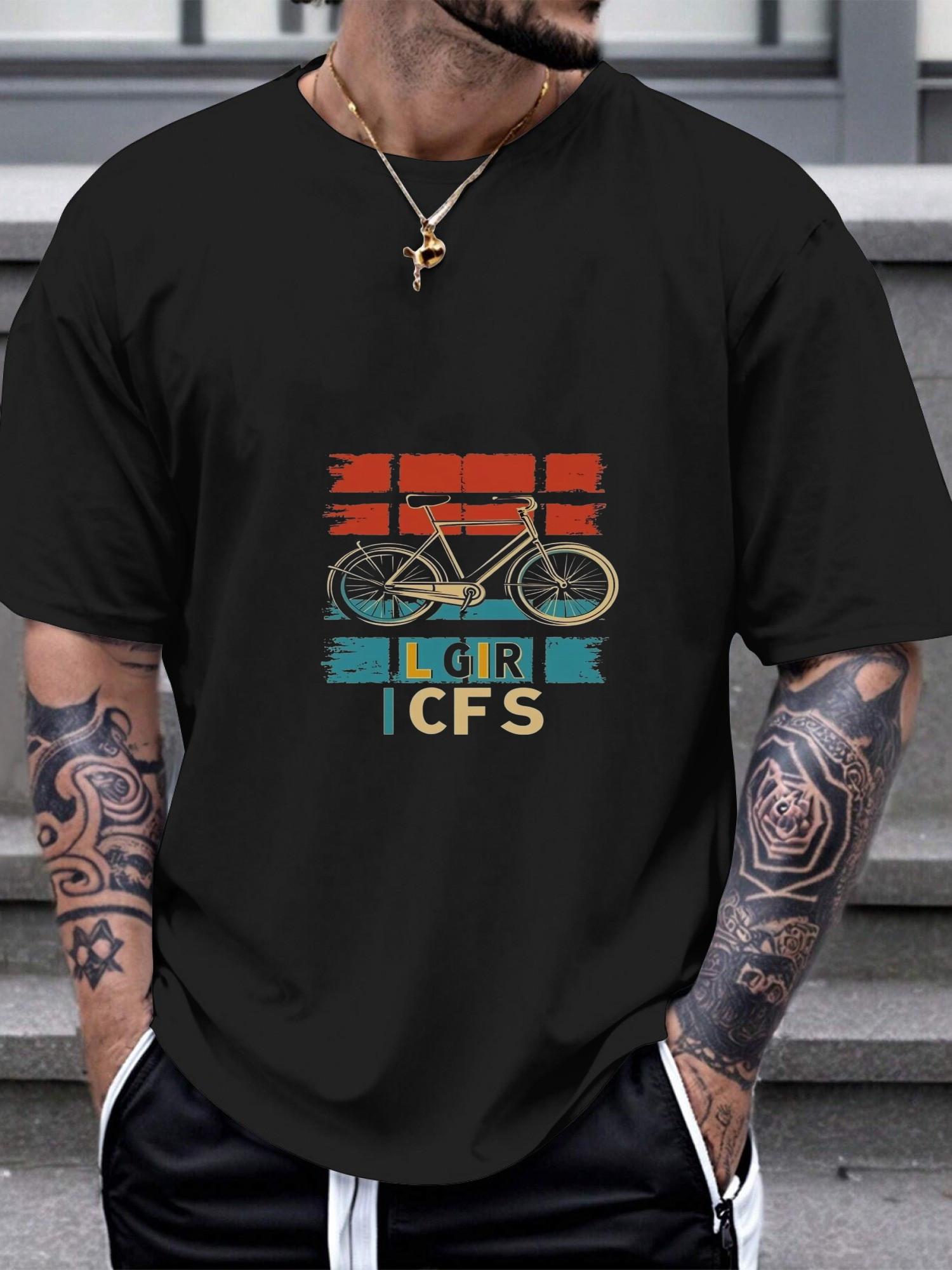 

1pc Retro Cycling Adventure T-shirt - Bold Comic Book Kanji Letters & Geometric Print S