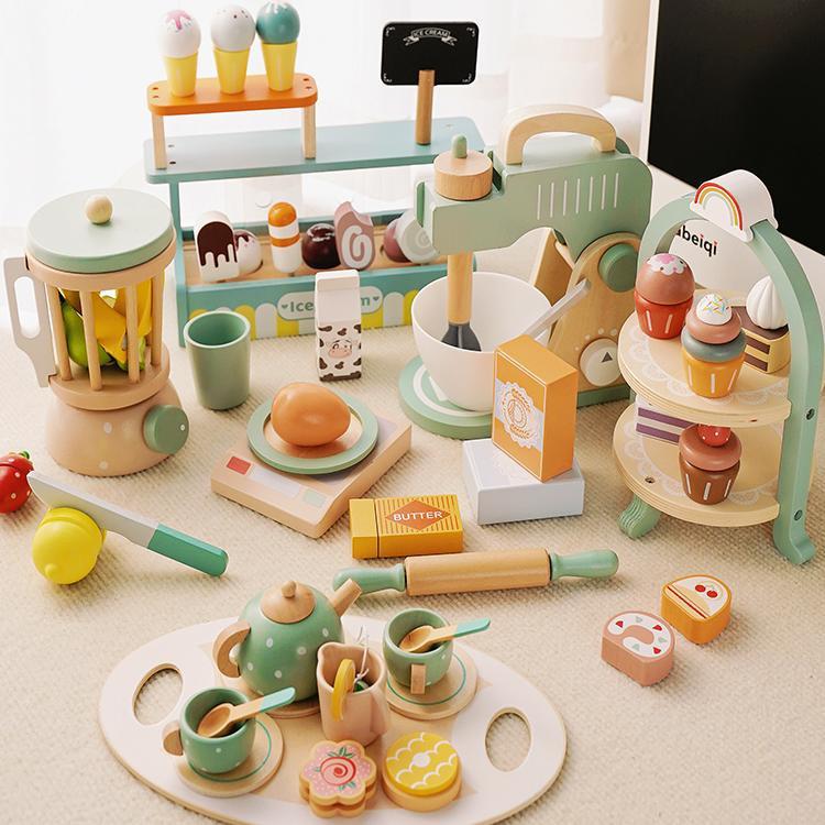 Colorful Wooden Ice Cream Shop Pretend Play Set For Kids With Realistic Tea Set Features