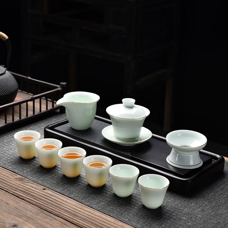 Handun Mutton Fat Jade Celadon Gold Tracery Kung Fu Tea Set