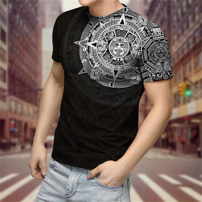Summer Round Neck 3D Aztec Style Pattern Print Top Fashionable Casual Short Sleeved Men's T-shirts
