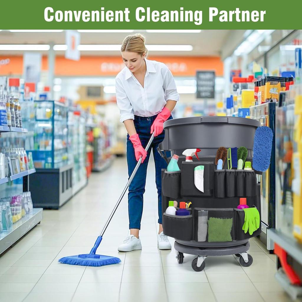 Trash Can Caddy Bag Adjustable Buckle Trash Bin Covers Large Capacity Cleaning Supplies Organizer Bag for 32-55 Gallon Porch