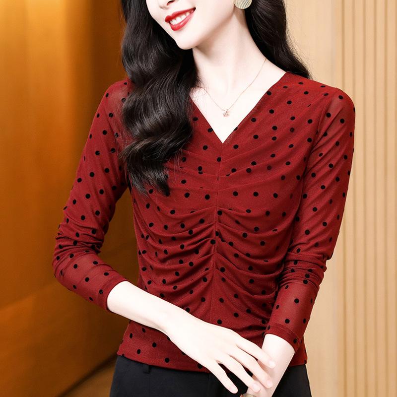 Primavera Nuevo Cuello en V Lunares Temperamento Plisado Slim Manga Larga Malla Camiseta Base Versátil Jersey Camiseta Top