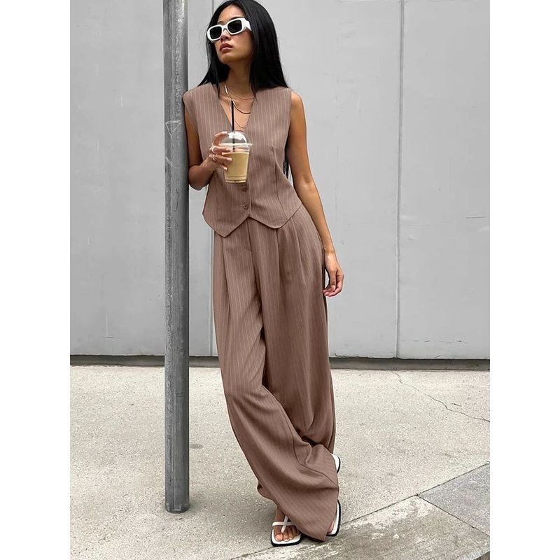 

Sleeveless Vest Wide Leg Pants Set V-neck Sleeveless Vest Wide-leg Pants Set Khaki L