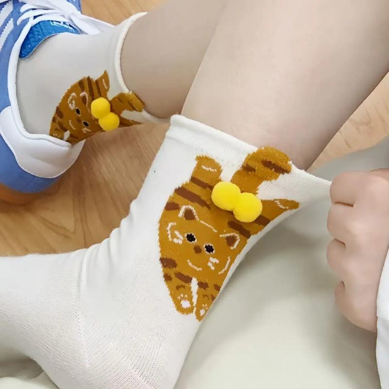 1-10pairs Women Cat Egg Socks Mid Tube Warm Cute Funny 3D Cat Design Winter Cozy Socks for Halloween Christmas Gift Wear
