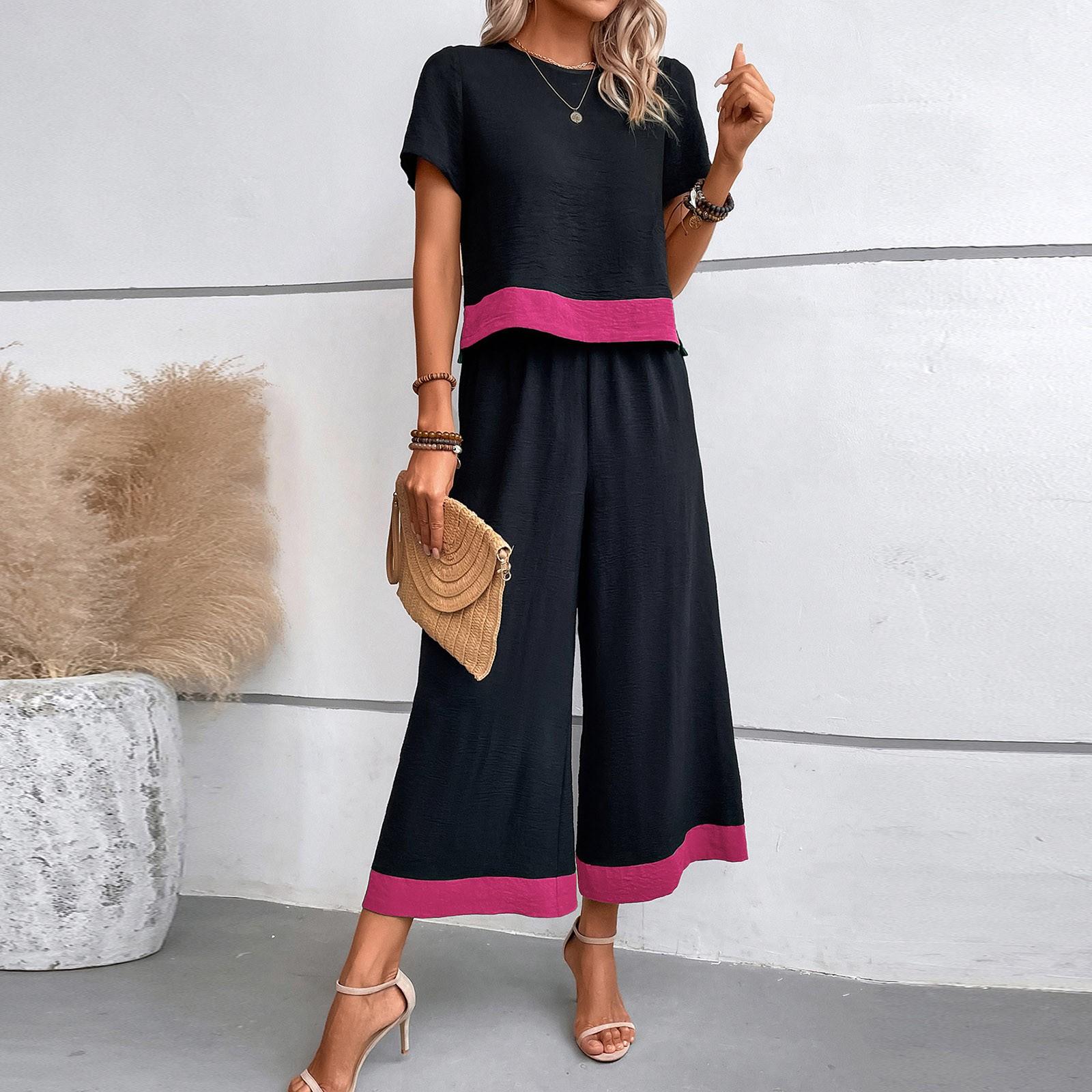 

Женские комплекты из 2 предметов, топы с короткими рукавами и широкими штанами, спортивные костюмы M розовый