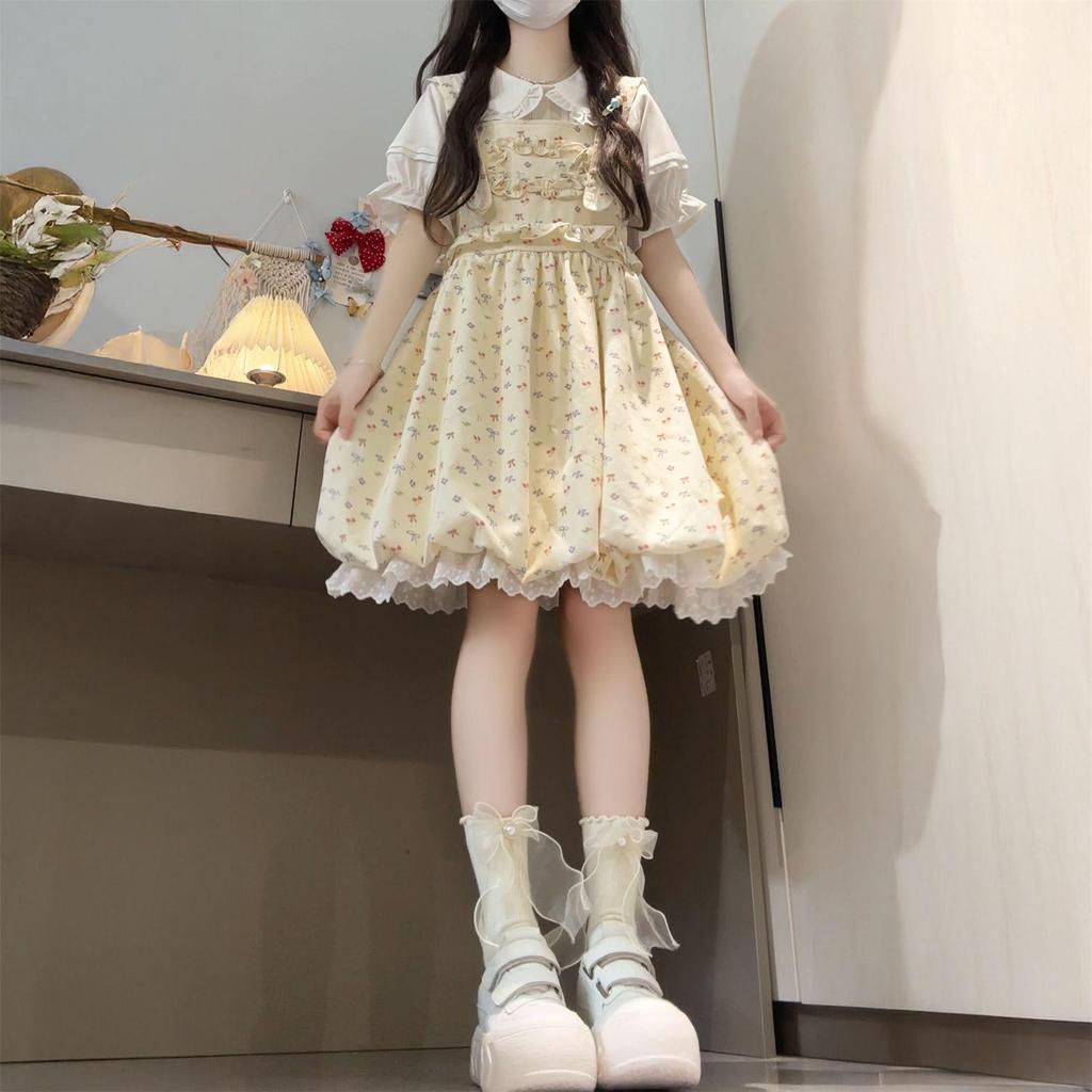 Summer Sweet Floral Suspender Dress & White Collared Shirt Set for Students