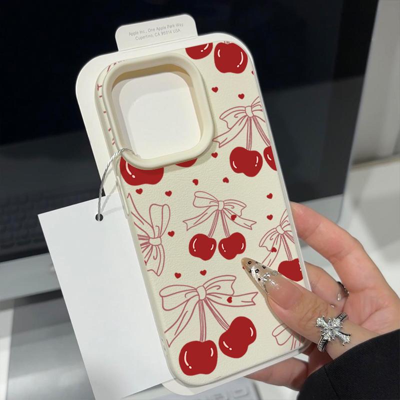 Leather Texture TPU Soft Phone Case For iPhone 16 Pro Max 15 Pro 14 13 12 11 Bowknot Cherry Print Slim Shockproof Matte Bumper Cover