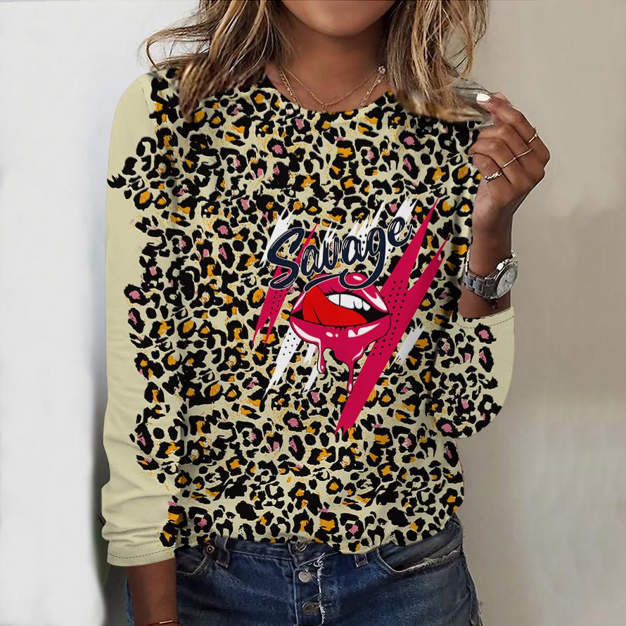 

Топы для женщин с леопардовым принтом, принтом очков, круглым вырезом и длинным рукавом, футболка, осенний повседневный тонкий пуловер, женский топ с длинным рукавом S бежевый