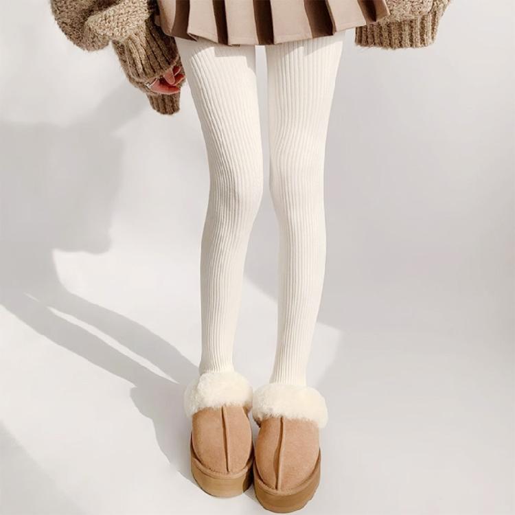 Women Solid Color Thicken Cotton Pantyhose Ribbed Knit Striped Sweater Tights