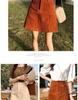 Women's Corduroy High-Waist A-line Skirt, Slimming Fit, Plus Size, Coffee Color, Short, Petite - Spring/Autumn 2024