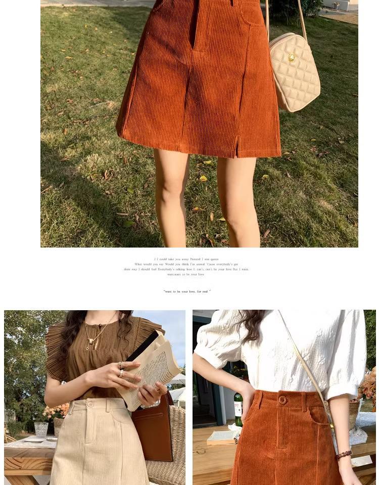 Women's Corduroy High-Waist A-line Skirt, Slimming Fit, Plus Size, Coffee Color, Short, Petite - Spring/Autumn 2024