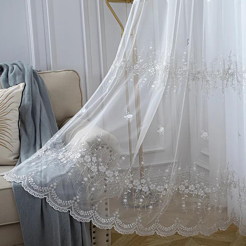 Witte Koreaanse Geborduurde Tule Gordijnen voor Woonkamer Blauwe Doorzichtige Gordijnen Voor Slaapkamer Raambekleding S121&C W100CM X H200CM(1PC)&Rod Pocket Process