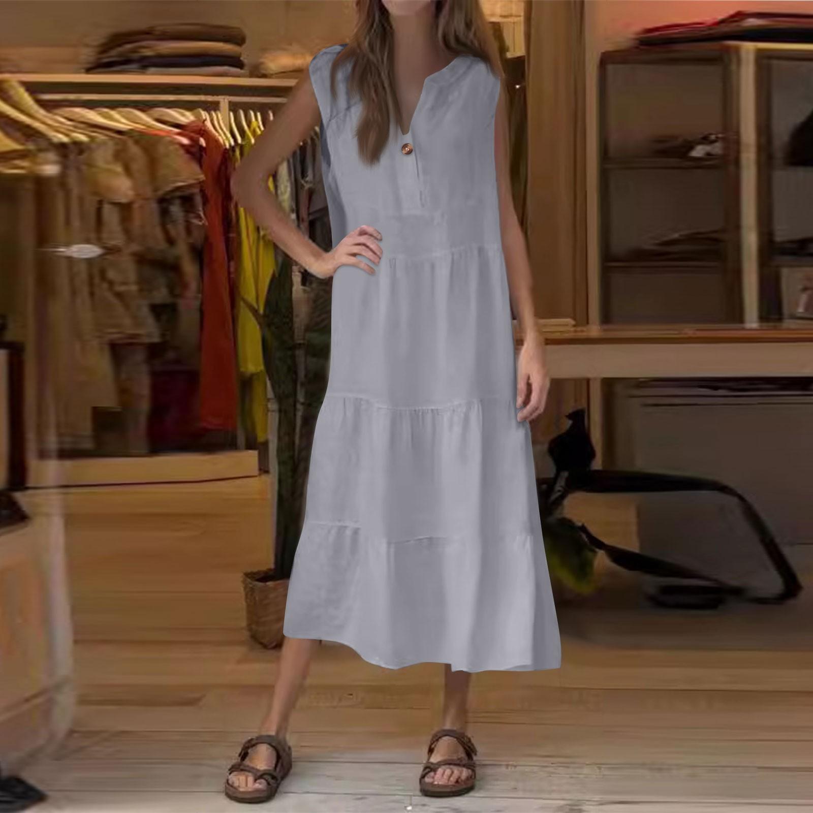 

Жіноча модна плісирована бавовняна лляна сукня без рукавів на гудзиках XXXL світло-синій колір