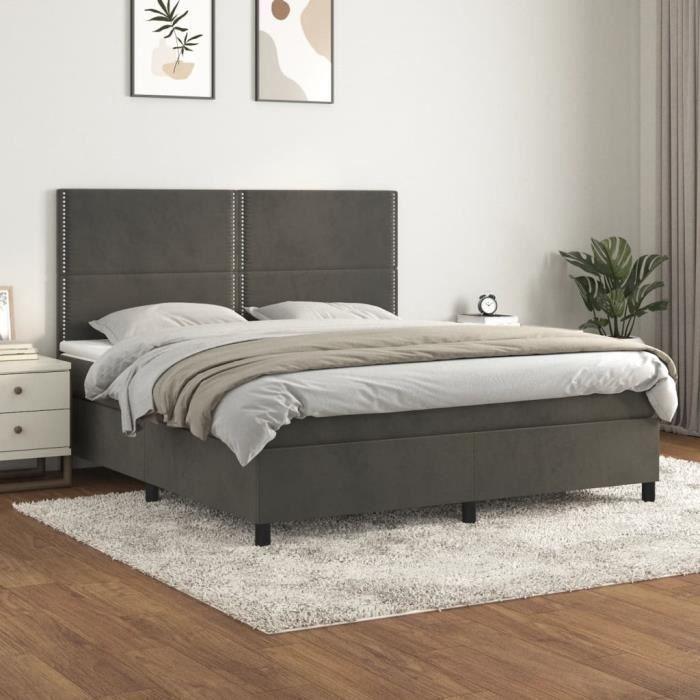 3142978 vidaXL Lit à sommier tapissier et matelas Gris foncé 180x200cm Velours