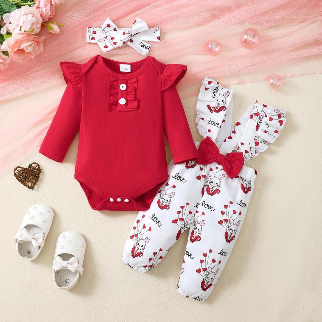 2022 Girls' Long Sleeve Top & Floral Overalls Three-Piece Set - Korean Spring/Autumn Style