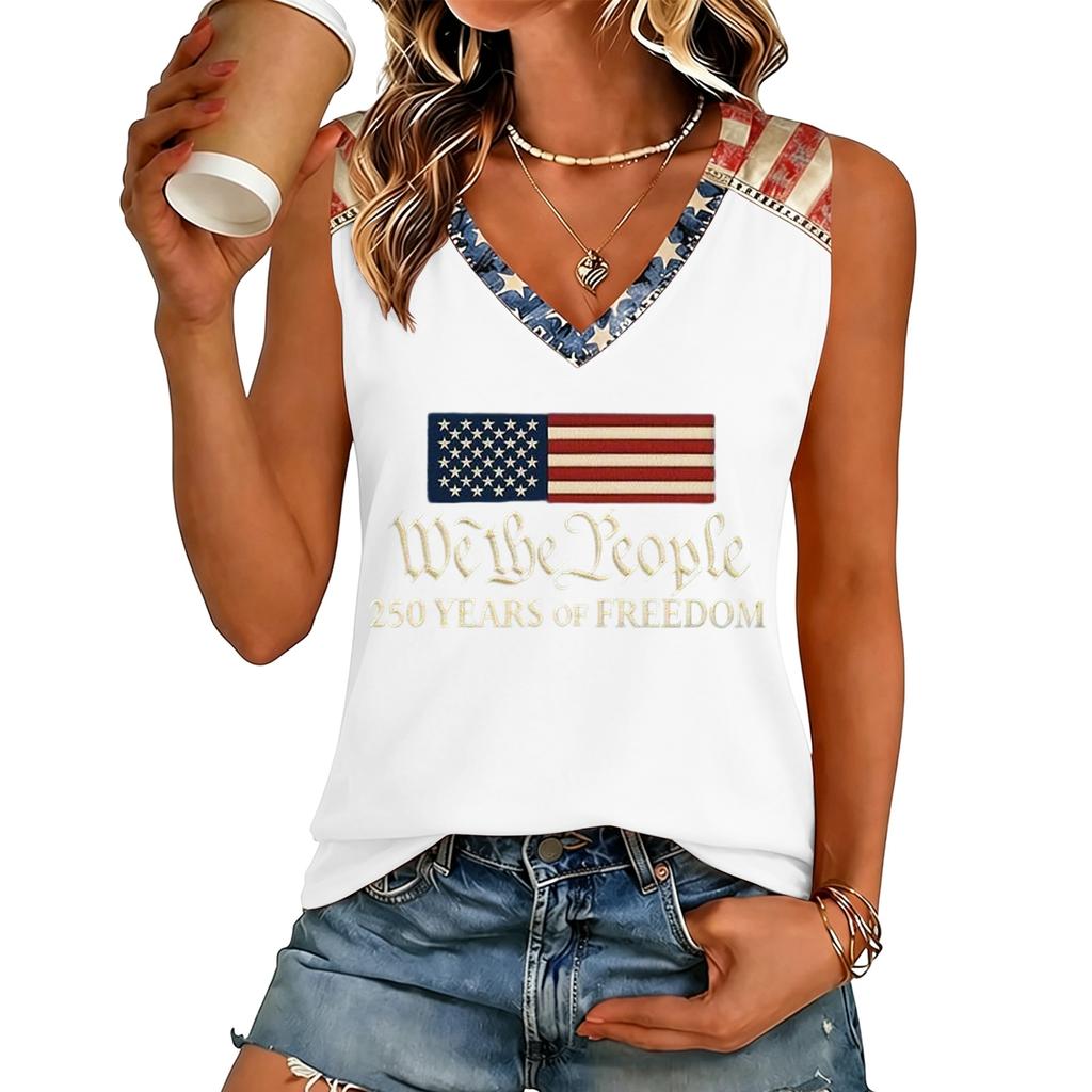 Women V Neck Casual Sleeveless Tank Top 250 Years Of Freedom Letter Print Lightweight Summer Shirt Sleeveless Blouse