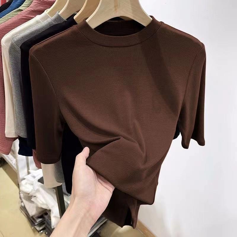 

Европейские товары, сплошной цвет, полувысокая шея, рукав с пятью точками, футболка со средними рукавами, женские летние новые облегающие леггинсы для выступлений, топ XXL