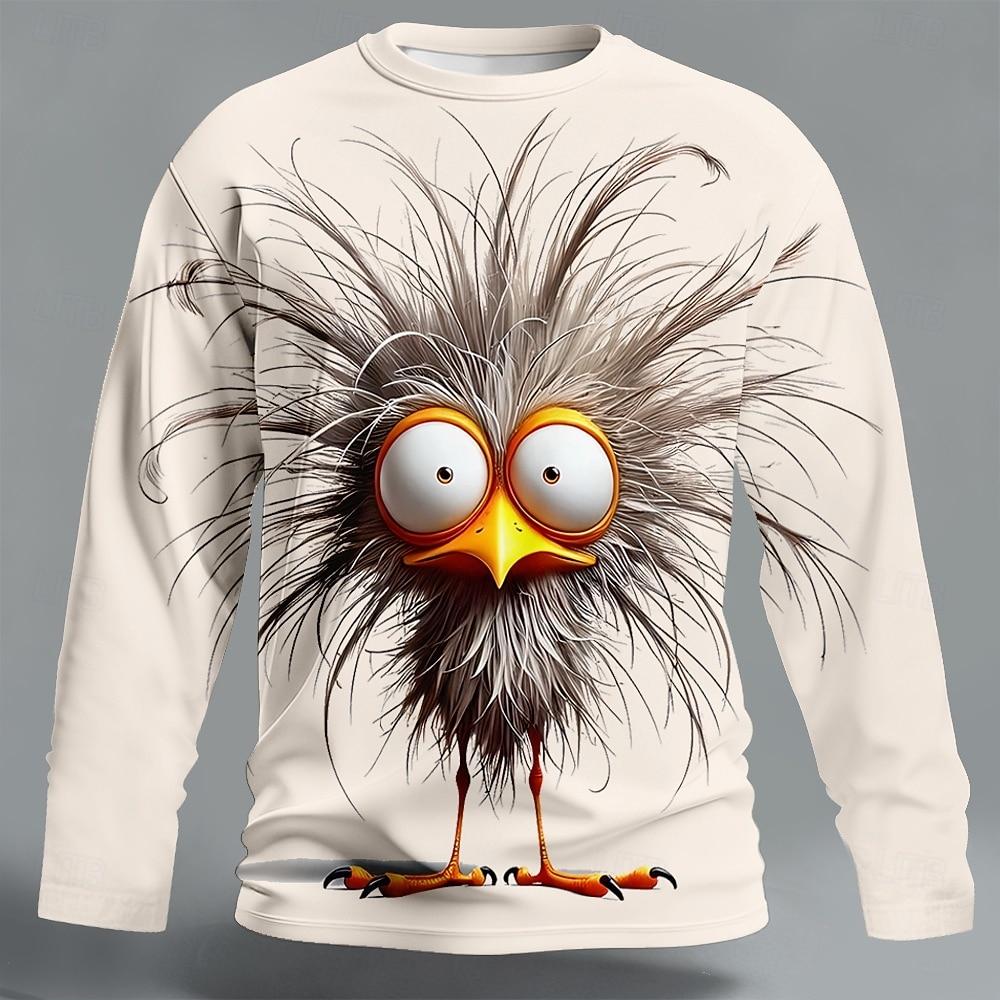 Men's 3D Chick Messy Hair Cat T Shirt Long Sleeve T Shirt 3D Print Crew Neck Shirt Fashion Basic Street Casual Daily Clothing