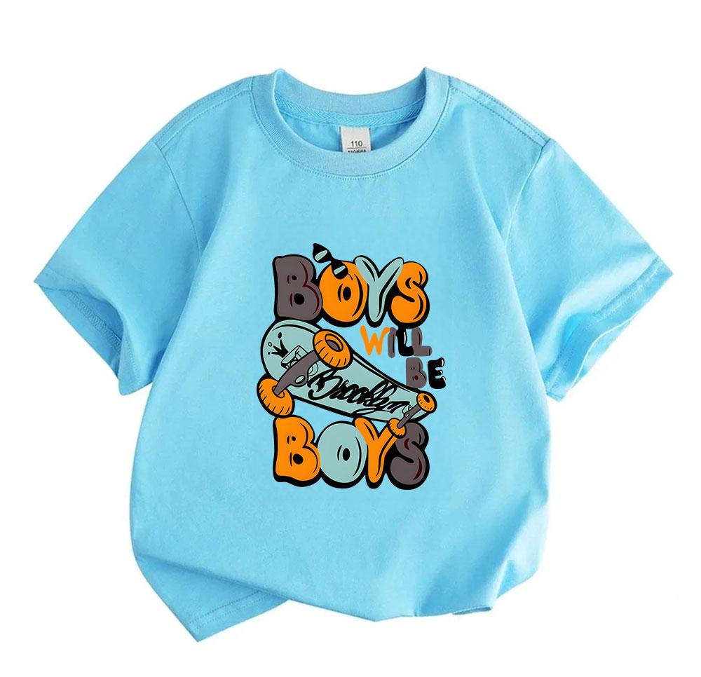 Kids Boys Girls 100% Cotton Crew Neck Short Sleeve T-Shirt, Cute Boys Will Be Boys Skateboard Graphic Casual Summer Tee Tops for Children Daily Wear