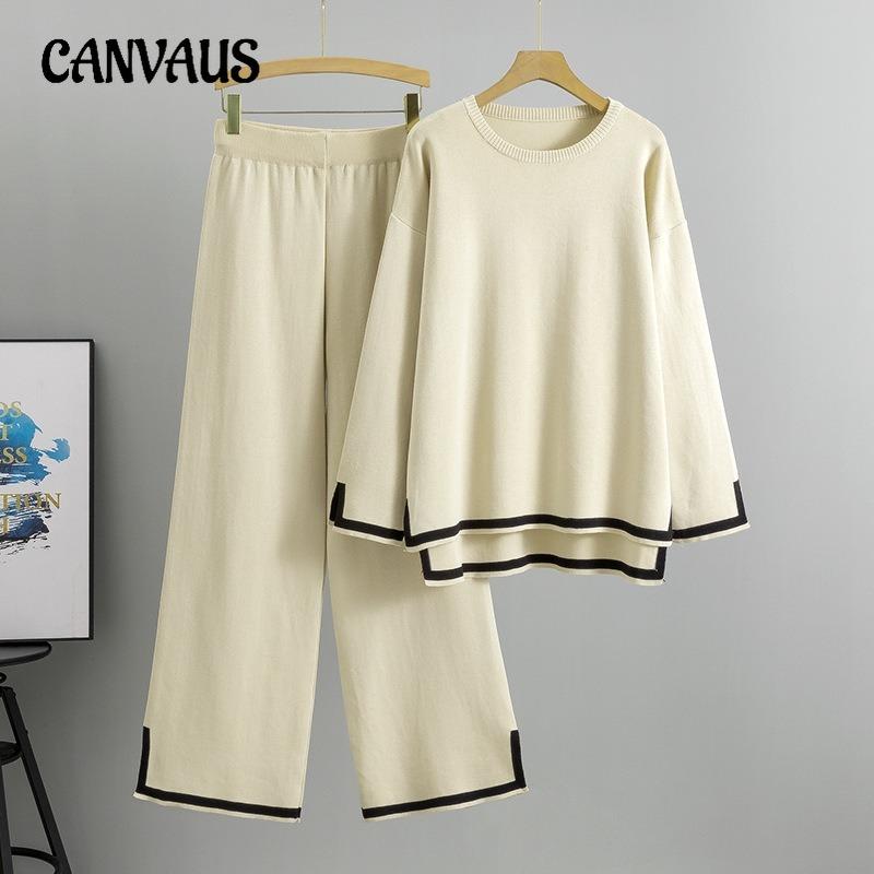 Autumn Women's Plus Size Fashion Chic Neckline Knit Top Wide Leg Pants Casual Sports Pant Suit