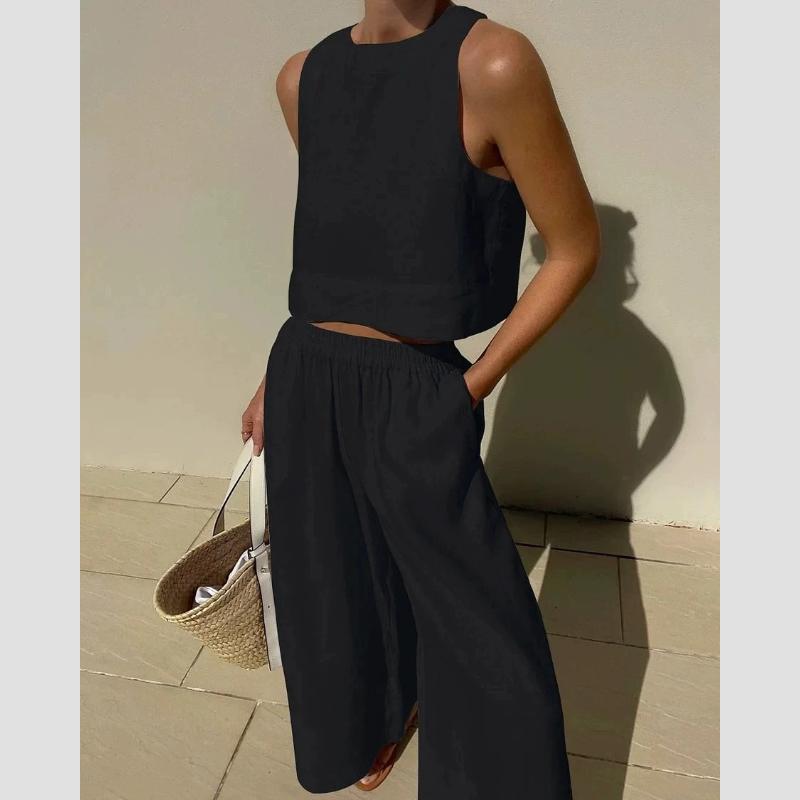 Cotton and Linen Pant Sets Women Sleeveless Leace-up Short Tops Drawstring Long Pants Two Piece Set Commuting Summer
