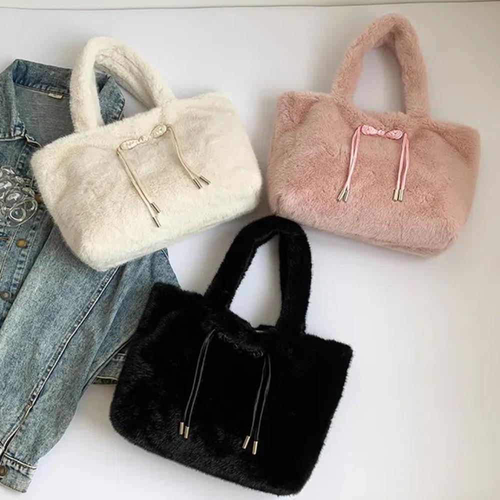 Large Capacity Hasp Bow Velvet Tote Bag Versatile Furry Underarm Bag Soft Shoulder Bag  Party