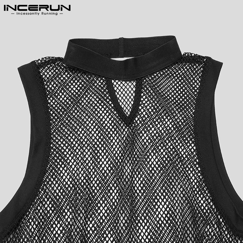 INCERUN Summer Sexy Gym Muscle Men's Fashion See Through Mesh Sleeveless Jumpsuit Singlet Panties Underwear Sweat Suit