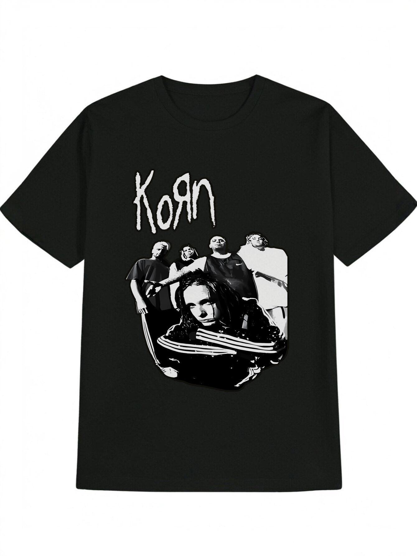 Casual Crew Neck T-shirt with Korn Band Member Portraits Print - Black XXL