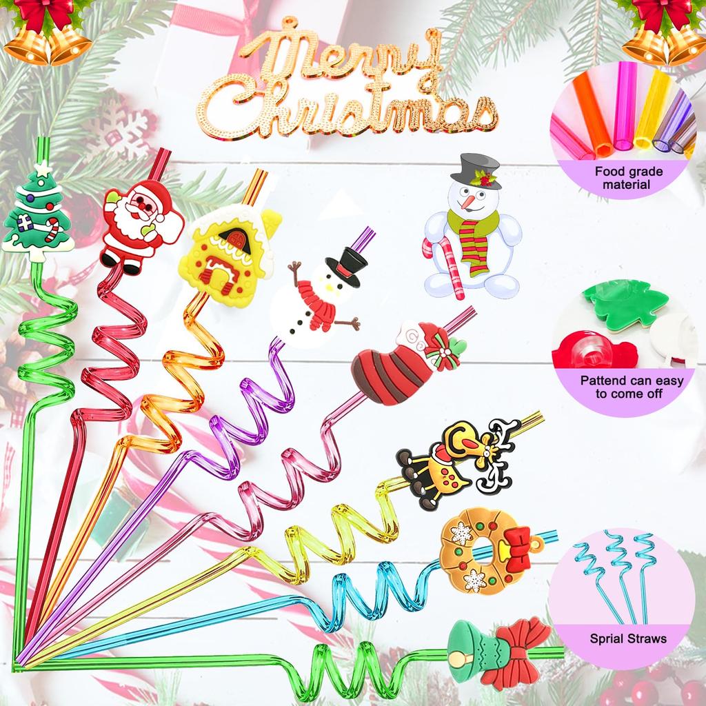 6/12pcs Christmas Reusable Drinking Straws Party Favors Straws with Santa Claus Snowman Elk Bells Christmas Party Gifts for Kids