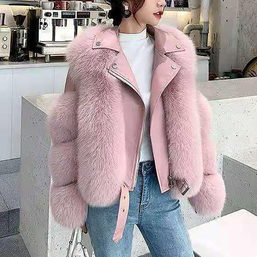 Womens Ladies Warm Solid Color Plush Long Sleeve Motorcycle  Winter Short Coat