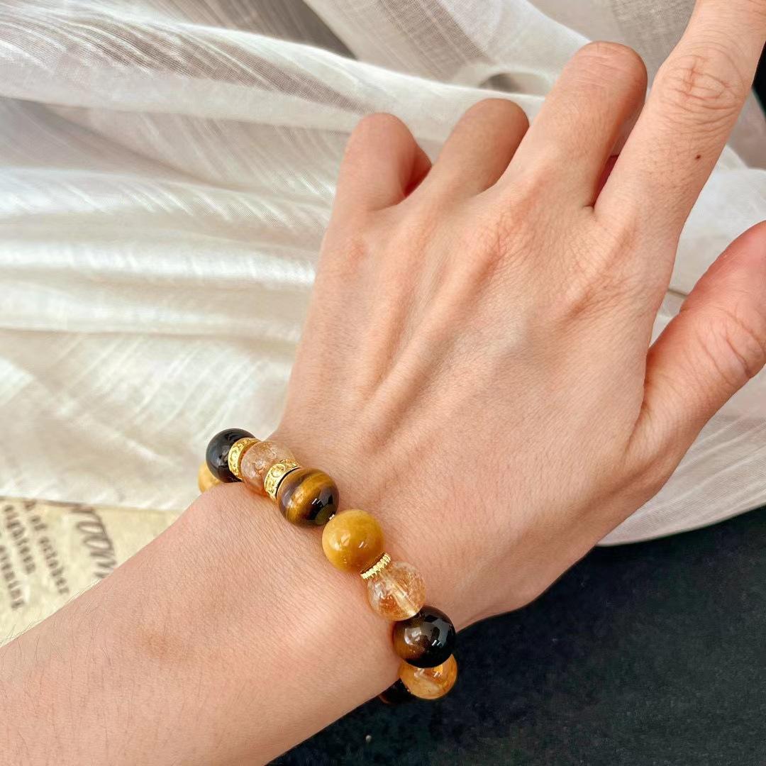 Vintage Maillard Style Natural Tiger S Eye Stone Black Agate Citrine Bracelet Beaded Atmosphere Bracelet