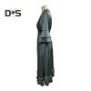 Lady Evening Dress V Neck Slim Waist Ruffle Cuffs Satin Pleated Layered Hem A-line Maxi Dress Long Sleeve Wedding Party Banquet Dress