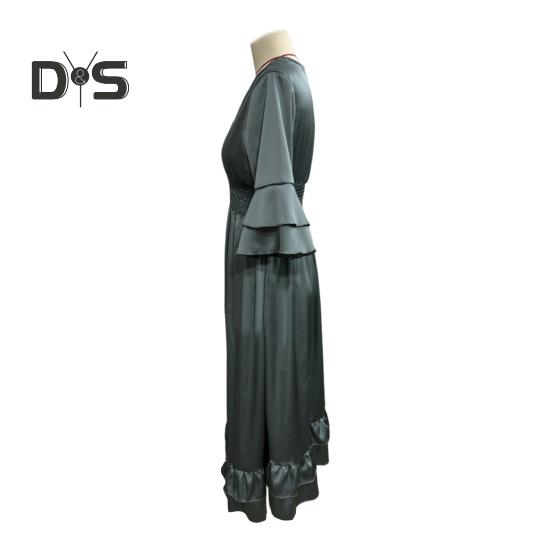 Lady Evening Dress V Neck Slim Waist Ruffle Cuffs Satin Pleated Layered Hem A-line Maxi Dress Long Sleeve Wedding Party Banquet Dress