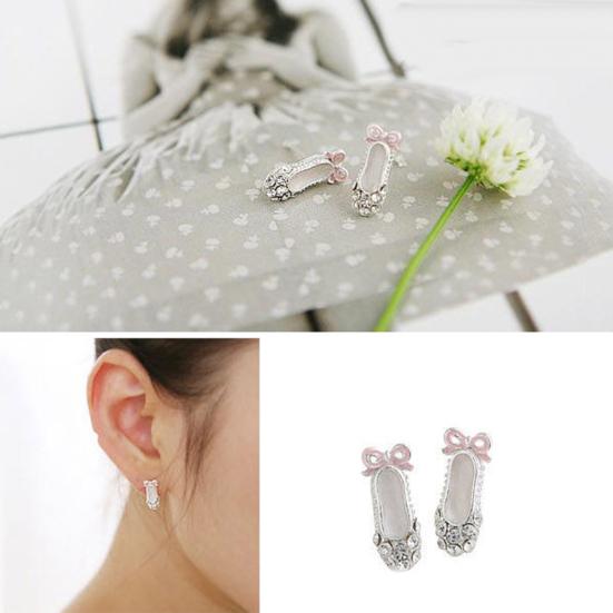 Women Cute Bowknot Ballet Shoes Shape Ear Studs Fashion Shiny Earrings Jewelry