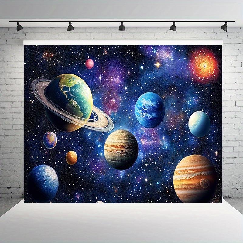One space-themed backdrop fabric showcasing the galaxy and planetary landscapes is an excellent choice for a birthday party.