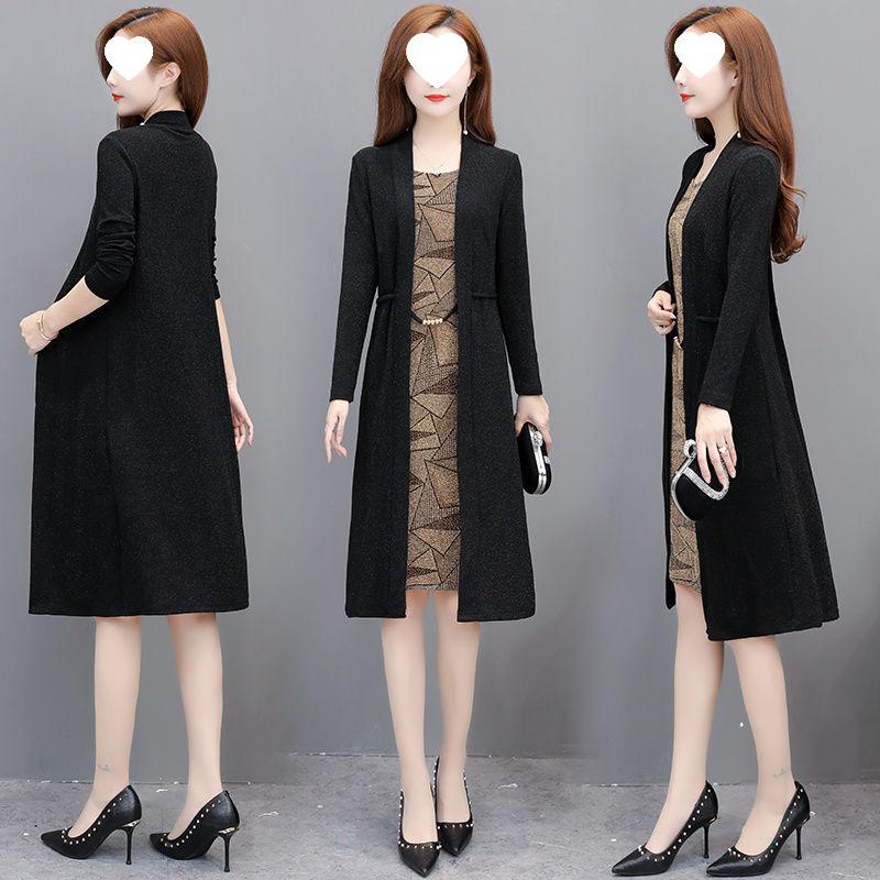 Elegantes Schlankmachendes Zweiteiliger Look Kleid für Damen - Langärmliges Frühling/Herbst Bauchbedeckendes Mode für Mittleren Alters und Ältere, 2025