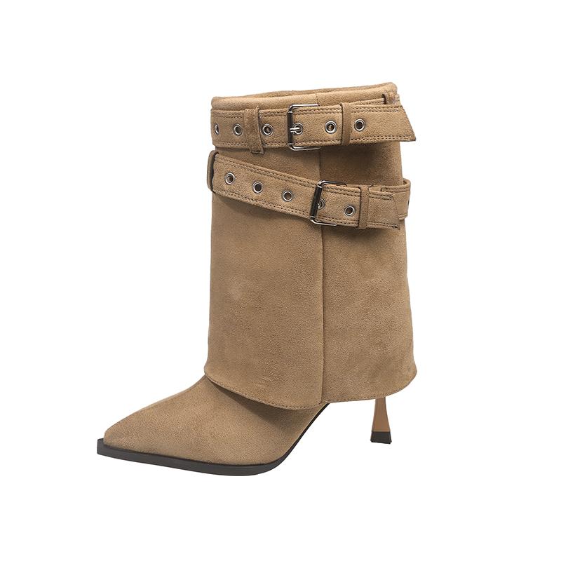 Belt Buckle Mid-leg Boots Autumn New Pointed Toe Sleeve Studded Metal Buckle Thin Folkel Boots