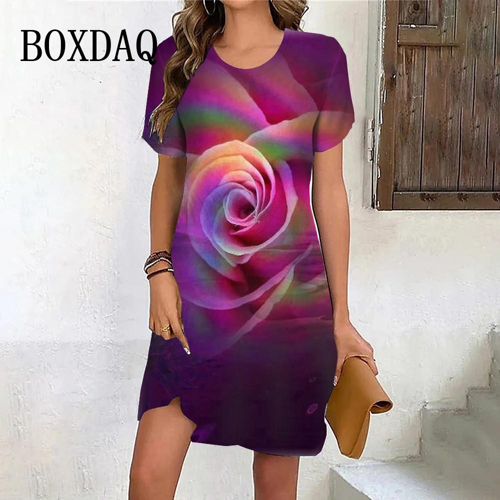 Pink gradient floral print women's dress, party casual mini skirt, Valentine's Day gown, summer new style