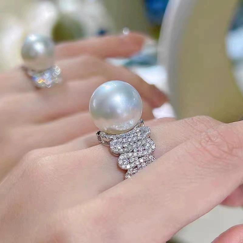 Gorgeous White Pearl Finger Ring Female Wedding Party Full Diamond Zircon  Luxury  Sterling Silver Accessories