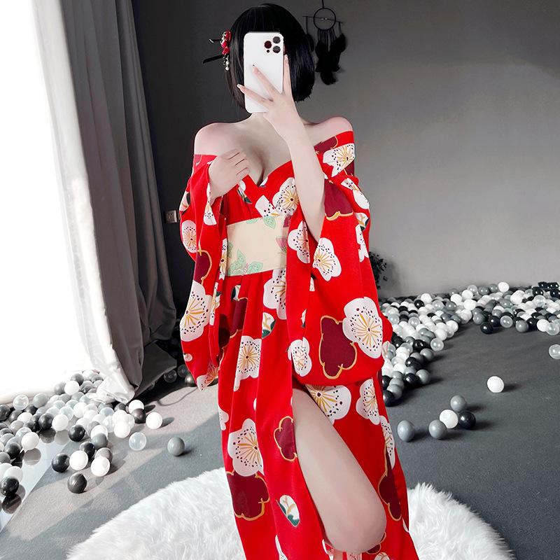Japanese Kimono Cherry Blossom Print Cosplay Cos Stage Performance Suit Long Deep V-made Costume