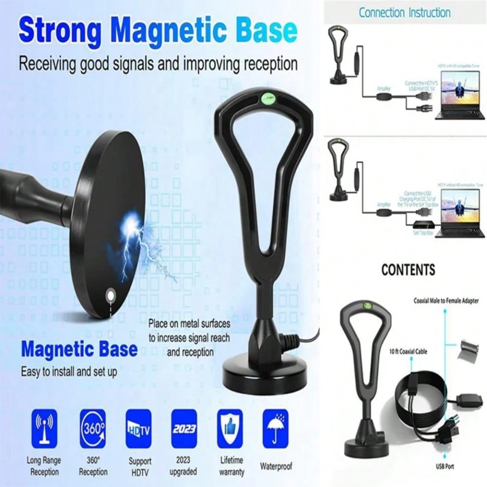 

Цифрова HD-телевізійна антена з міцною магнітною основою, прийом ТБ, всередині та на вулиці, найновіша, 2025 р.