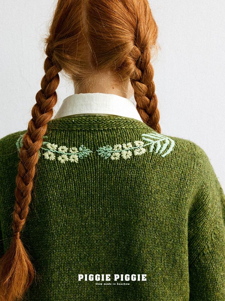 Dimanaf 2025 Autumn Green Sweaters Cardigan Pockets Women Embroidery Pattern Printing Buttons Sweaters Knitting Loose Sweater