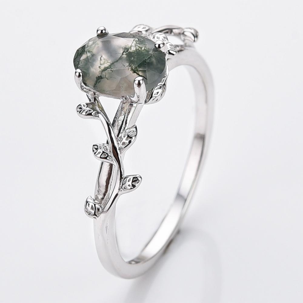 Real 925 Silver Cocktail Oval Shaped Moss Agate Rings Leaf Branch Ring For Woman Wedding Gifts High Quantity Jewelry