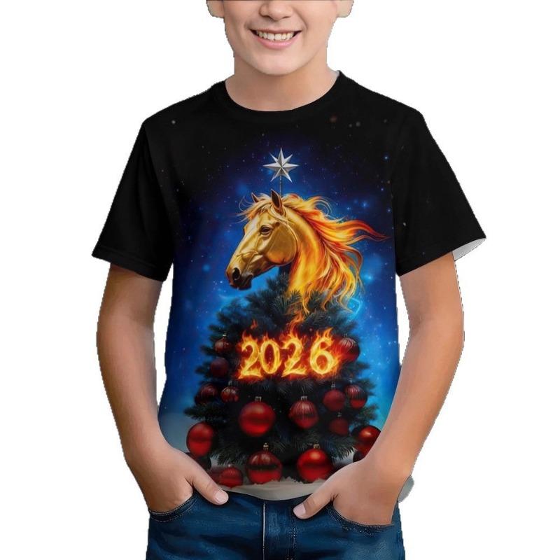 Children's T-shirt 3d horse year printed round neck short sleeve upper