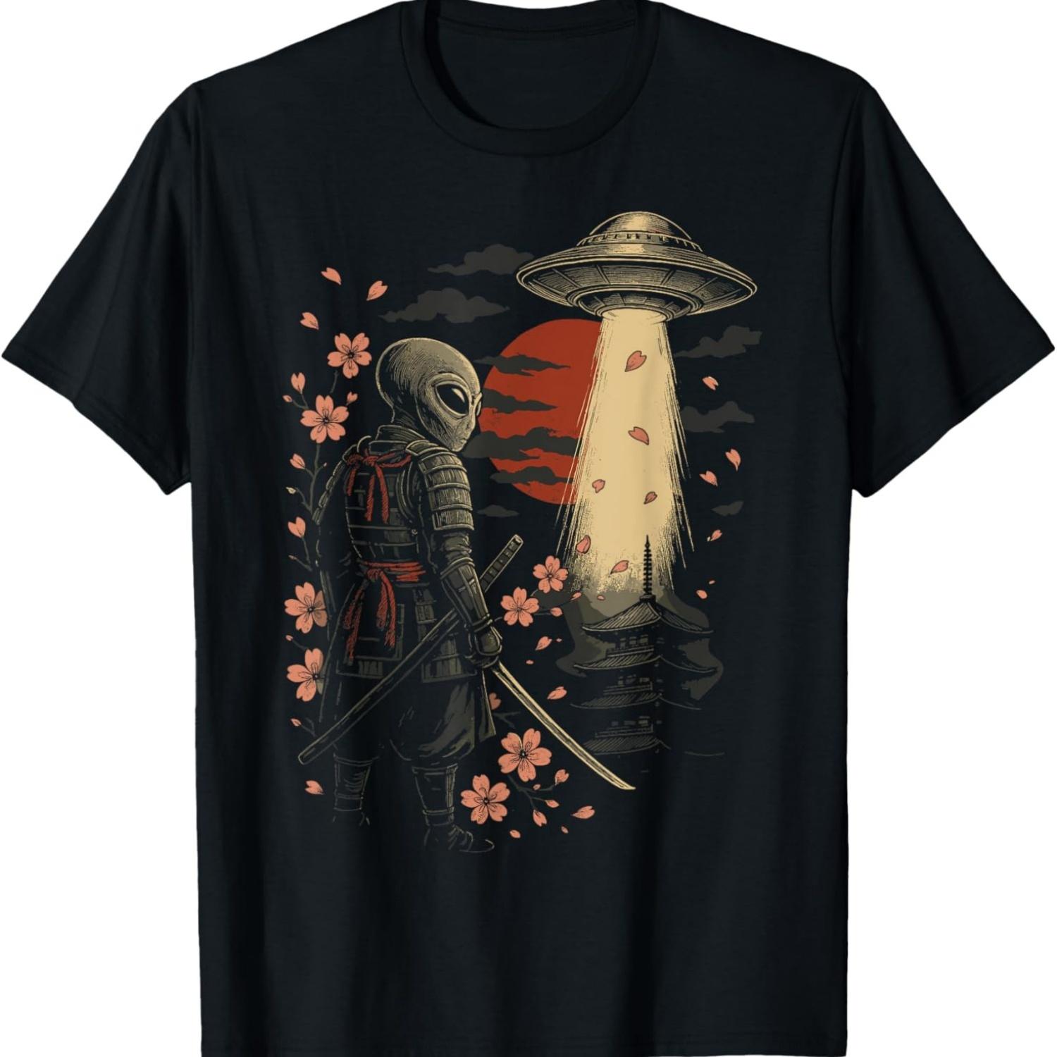 Alien Samurai UFO Funny Vintage Japanese Cherry Blossom T-Shirt S чёрный