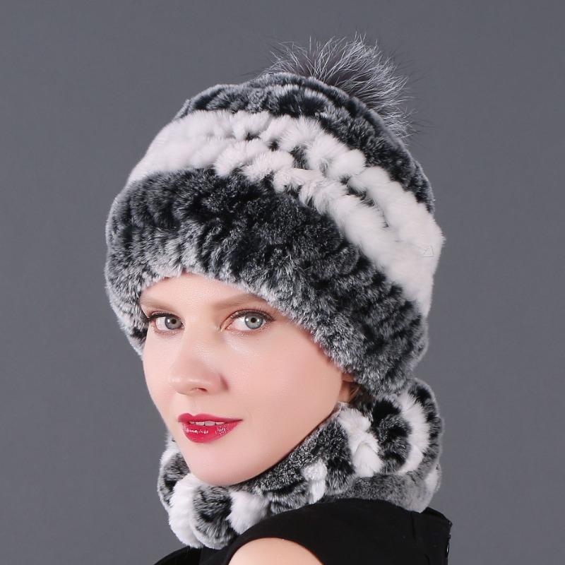 New hat scarf winter thickened thermal hat Rex rabbit fur grass Rex rabbit fur scarf two-piece set