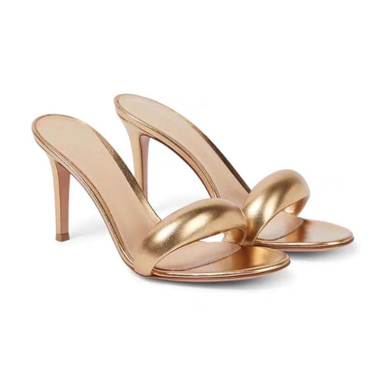 Fashion Brand Design Simple Solid Color Women's Slippers 2024 Summer New High Heel Black Gold Round Head Women's Sandals Size 34-46